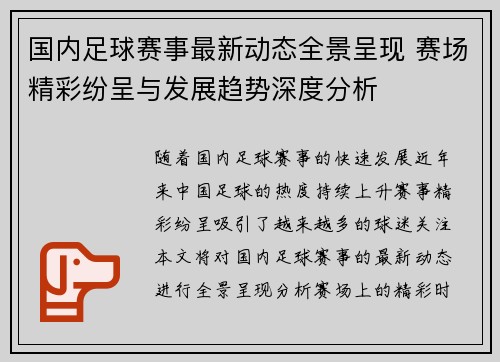国内足球赛事最新动态全景呈现 赛场精彩纷呈与发展趋势深度分析