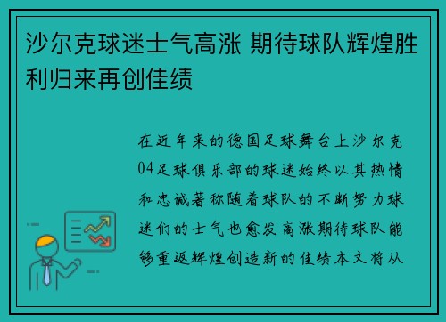 沙尔克球迷士气高涨 期待球队辉煌胜利归来再创佳绩