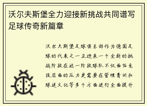 沃尔夫斯堡全力迎接新挑战共同谱写足球传奇新篇章