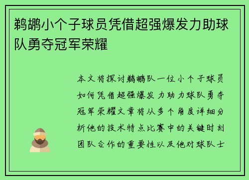 鹈鹕小个子球员凭借超强爆发力助球队勇夺冠军荣耀
