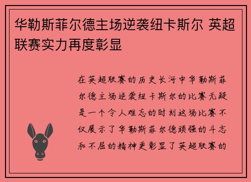 华勒斯菲尔德主场逆袭纽卡斯尔 英超联赛实力再度彰显