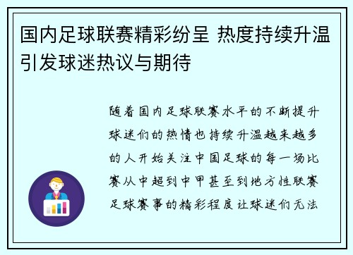 国内足球联赛精彩纷呈 热度持续升温引发球迷热议与期待