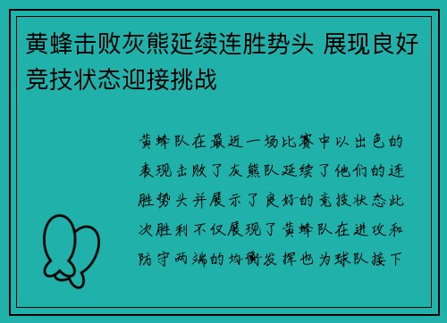 黄蜂击败灰熊延续连胜势头 展现良好竞技状态迎接挑战