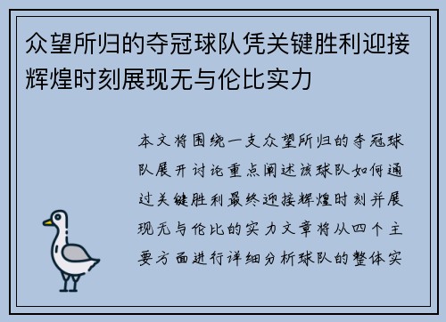 众望所归的夺冠球队凭关键胜利迎接辉煌时刻展现无与伦比实力