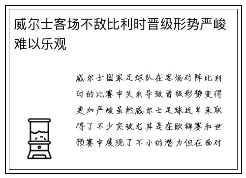 威尔士客场不敌比利时晋级形势严峻难以乐观