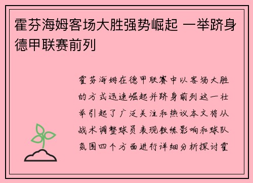 霍芬海姆客场大胜强势崛起 一举跻身德甲联赛前列