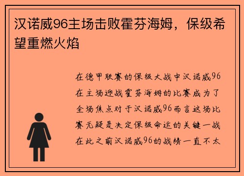 汉诺威96主场击败霍芬海姆，保级希望重燃火焰