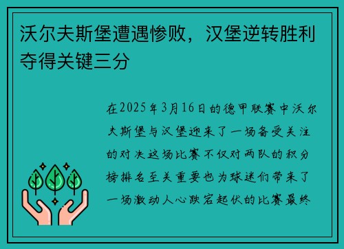沃尔夫斯堡遭遇惨败，汉堡逆转胜利夺得关键三分