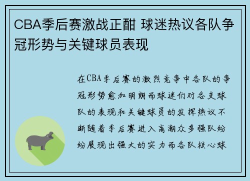 CBA季后赛激战正酣 球迷热议各队争冠形势与关键球员表现