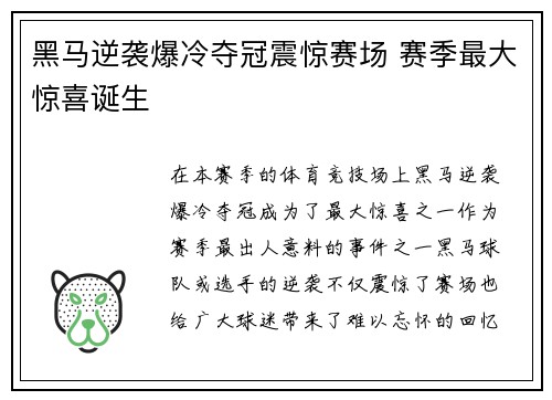 黑马逆袭爆冷夺冠震惊赛场 赛季最大惊喜诞生
